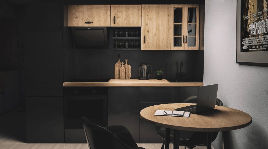 cocina melamina negro mate con madera
