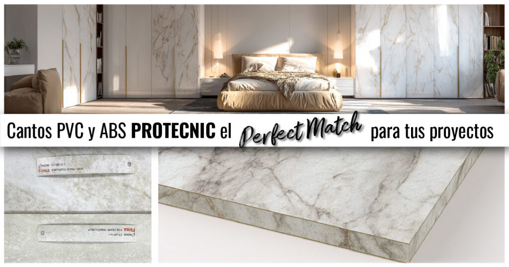 Dormitorio moderno con mobiliario fabricado con tablero melamina efecto mármol y cantos PVC Protecnic combinados con tablero Finsa, ejemplo de diseño coordinado Perfect Match.