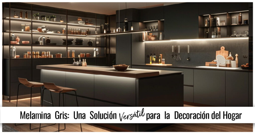 Cocina moderna con muebles de melamina gris, isla central y estanterías iluminadas de estilo contemporáneo.