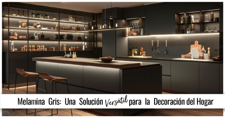 Cocina moderna con muebles de melamina gris, isla central y estanterías iluminadas de estilo contemporáneo.
