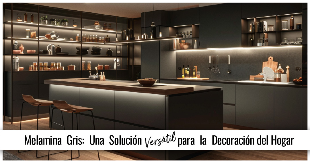 Cocina moderna con muebles de melamina gris, isla central y estanterías iluminadas de estilo contemporáneo.