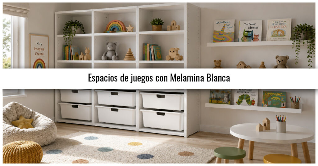 Espacio de juegos infantil con muebles de almacenamiento fabricados con tablero de melamina blanco y estanterías modernas.