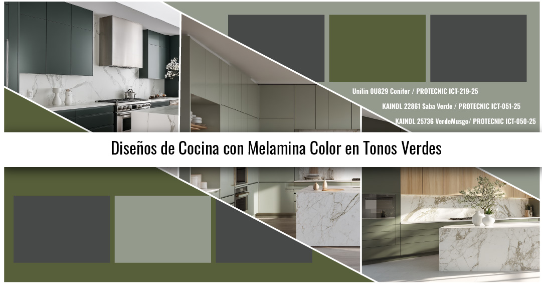 Diseños de cocina con melamina color en tonos verdes, combinando acabados modernos y efecto mármol.
