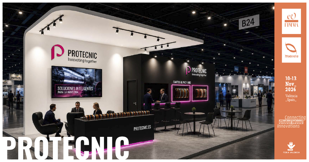 Stand de PROTECNIC con muestras de cantos de PVC y ABS en la portada de FIMMA + Maderalia 2026.